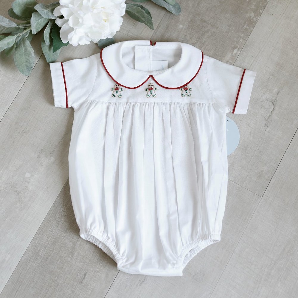 Boys White Romper Creeper Gingerbread Man Red Trim Boutique NWT